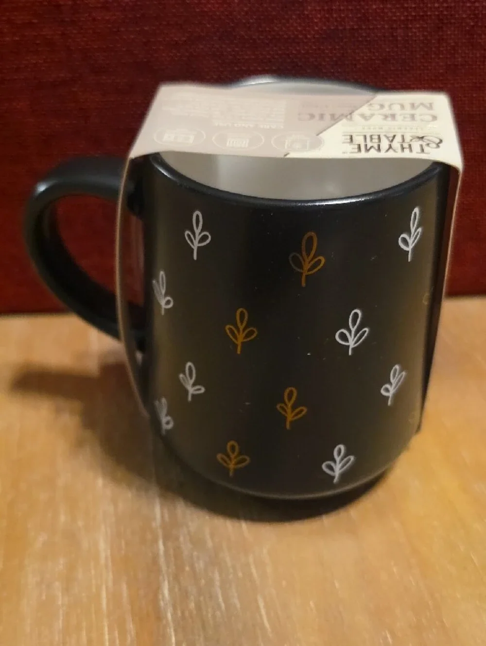 Matte Black Ceramic Coffee Mug with White & Gold Leaf Accents